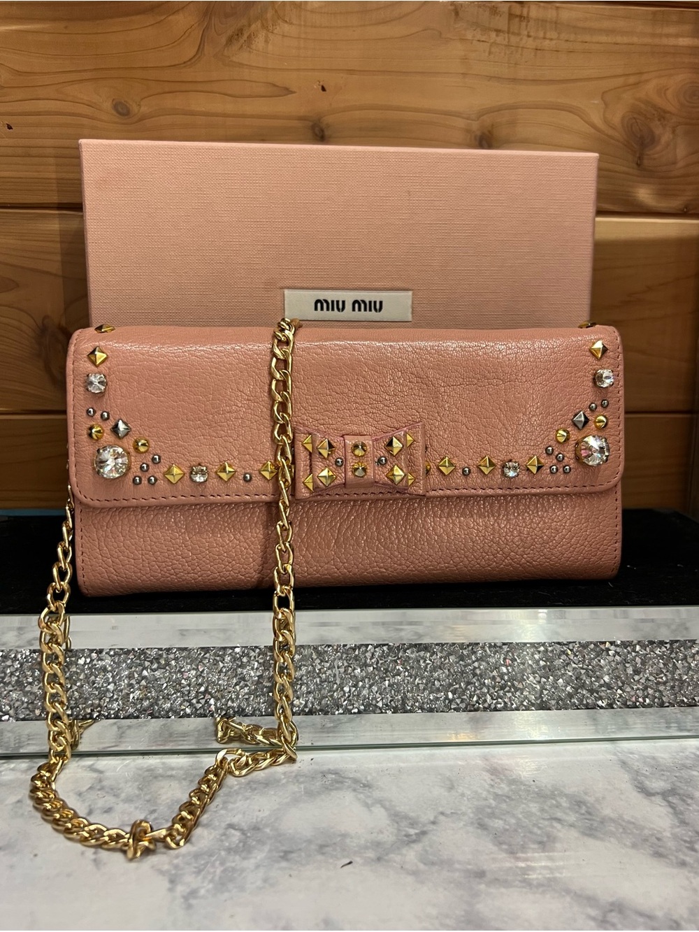 Miu Miu Pink Jeweled Bow Chain Wallet
